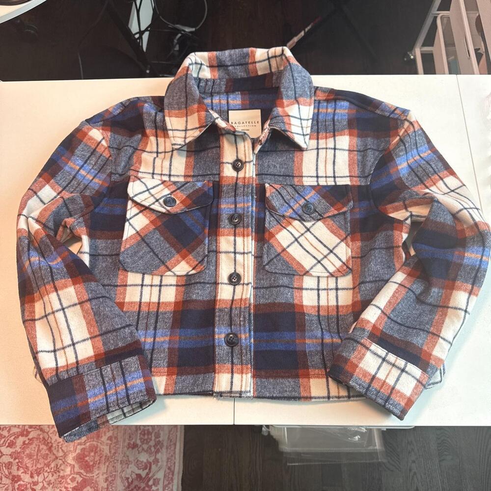 Bagatelle blue, orange, and beige plaid cropped jacket #plaid #cropped